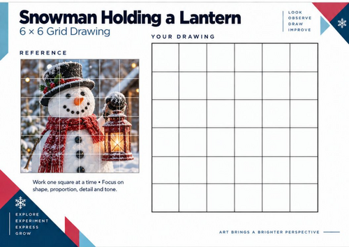 Snowman Holding a Lantern Grid Drawing Worksheet | Christmas Winter Art | KS3 KS4