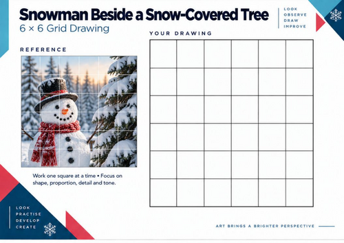 Snowman Beside a Snow-Covered Tree Grid Drawing Worksheet | Winter Art | KS3 KS4
