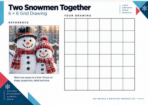 Two Snowmen Together Grid Drawing Worksheet | Christmas Winter Art | KS3 KS4