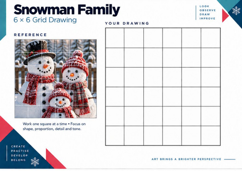 Snowman Family Grid Drawing Worksheet | Christmas Drawing Activity | KS3 KS4