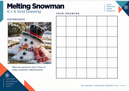 Melting Snowman Grid Drawing Worksheet | Winter Art Drawing Activity | KS3 KS4