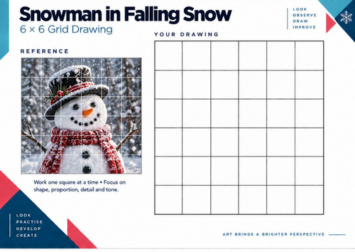 Snowman in Falling Snow Grid Drawing Worksheet | Christmas Winter Art | KS3 KS4
