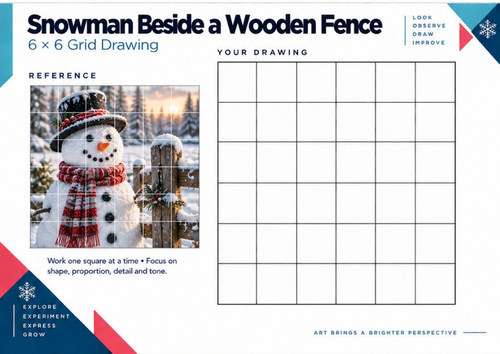 Snowman Beside a Wooden Fence Grid Drawing Worksheet | Winter Art | KS3 KS4