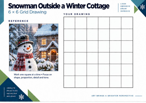 Snowman Outside a Winter Cottage Grid Drawing Worksheet | Christmas Art | KS3 KS4