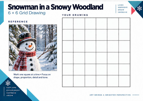 Snowman in a Snowy Woodland Grid Drawing Worksheet | Winter Art | KS3 KS4