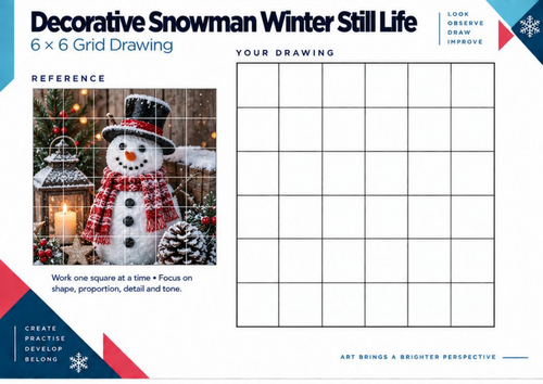 Decorative Snowman Winter Still Life Grid Drawing Worksheet | Christmas Art | KS3 KS4