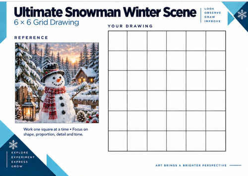 Ultimate Snowman Winter Scene Grid Drawing Worksheet | Christmas Art | KS3 KS4