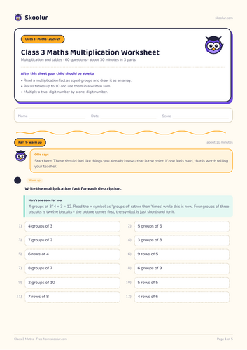 Class 3 Multiplication Worksheet with Answers
