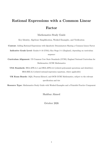 Rational Expressions with a Common Linear Factor   Mathematics Study Guide