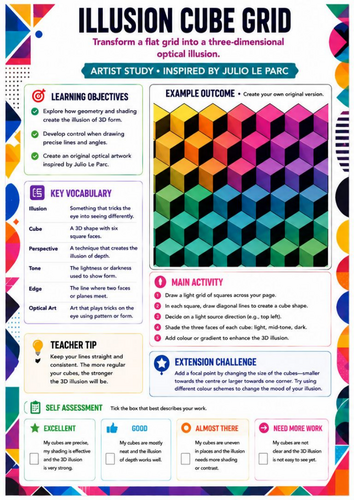 Illusion Cube Grid Worksheet | Julio Le Parc Inspired 3D Op Art | KS3 Geometry