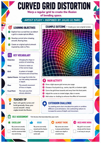 Curved Grid Distortion Worksheet | Julio Le Parc Inspired Op Art | KS3 Art
