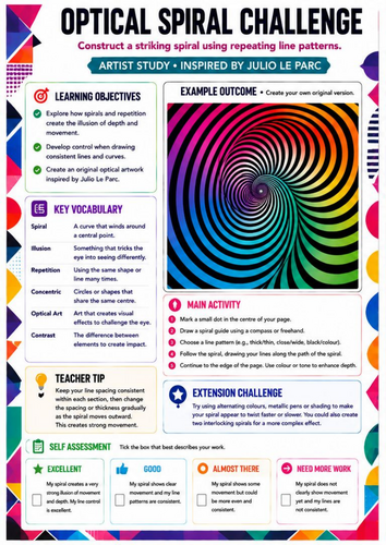 Optical Spiral Challenge Worksheet | Julio Le Parc Inspired Op Art | KS3 Art