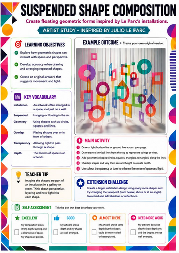 Suspended Shape Composition Worksheet | Julio Le Parc Inspired Installation Art | KS3