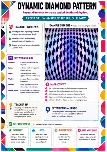 Dynamic Diamond Pattern Worksheet | Julio Le Parc Inspired Op Art | KS3 Geometry