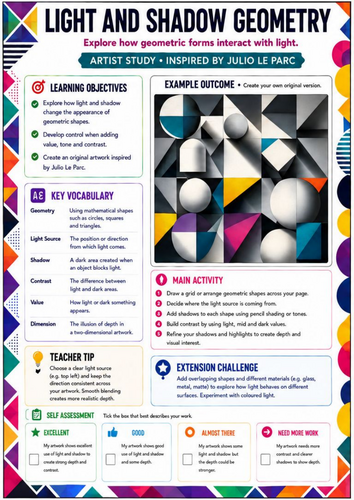 Light and Shadow Geometry Worksheet | Julio Le Parc Inspired Op Art | KS3 Shading