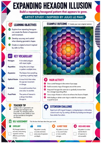 Expanding Hexagon Illusion Worksheet | Julio Le Parc Inspired Op Art | KS3