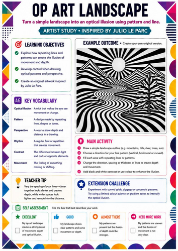 Op Art Landscape Worksheet | Julio Le Parc Inspired Optical Illusion Art | KS3
