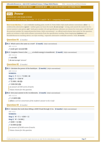 TP1d Power | AQA GCSE Combined Science Trilogy Physics Topic Mastery Pack