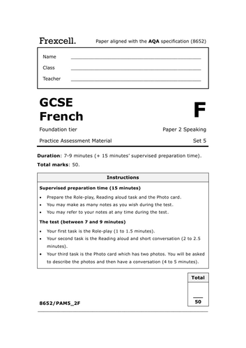 AQA GCSE French (2026) – Foundation Speaking Practice Paper (Set 5)