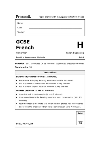 AQA GCSE French (2026) – Higher Speaking Practice Paper (Set 4)