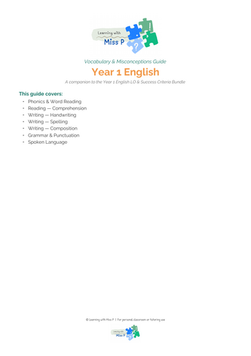 Year 1 English Vocab and Misconceptions Guide