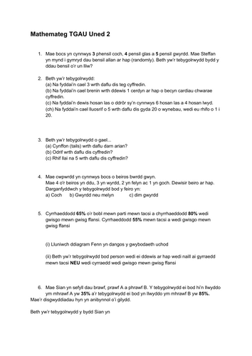 MATHEMATEG UNED 2 (TGAU) cwestiynau tebygolrwydd