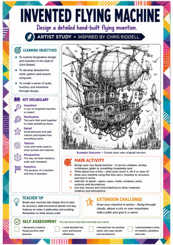Chris Riddell Inspired Art Worksheet | Invented Flying Machine | Steampunk Invention Drawing | KS3
