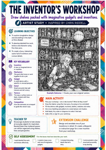 Chris Riddell Inspired Art Worksheet | The Inventor's Workshop | Steampunk Invention Drawing | KS3