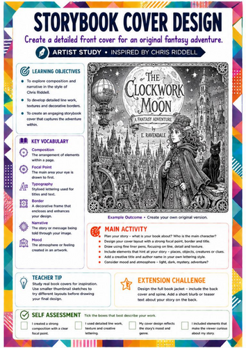 Chris Riddell Inspired Art Worksheet | Storybook Cover Design | Fantasy Book Illustration | KS3