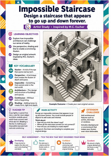 M.C. Escher Inspired Impossible Staircase Drawing Worksheet | Optical Illusion Art | KS3