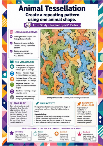 M.C. Escher Inspired Animal Tessellation Drawing Worksheet | Repeating Patterns | KS3 Art
