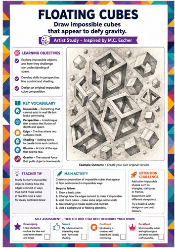 M.C. Escher Inspired Floating Cubes Drawing Worksheet | Impossible 3D Shapes | KS3 Art