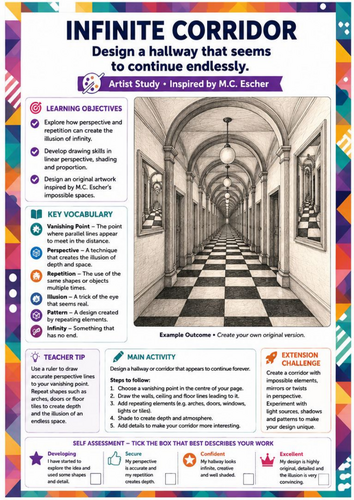 M.C. Escher Inspired Infinite Corridor Drawing Worksheet | One Point Perspective | KS3 Art