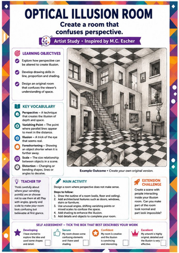 M.C. Escher Inspired Optical Illusion Room Drawing Worksheet | Impossible Perspective | KS3 Art