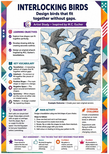 M.C. Escher Inspired Interlocking Birds Drawing Worksheet | Tessellation & Repeating Patterns | KS3
