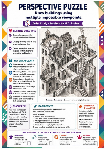 M.C. Escher Inspired Perspective Puzzle Drawing Worksheet | Impossible Buildings & Architecture | KS