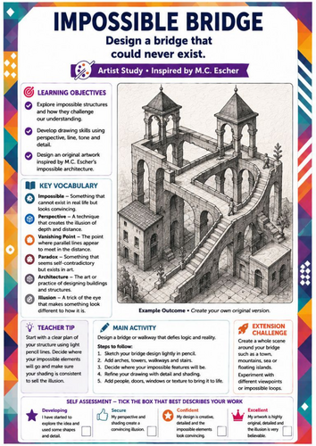 M.C. Escher Inspired Impossible Bridge Drawing Worksheet | Perspective & Optical Illusion Art | KS3