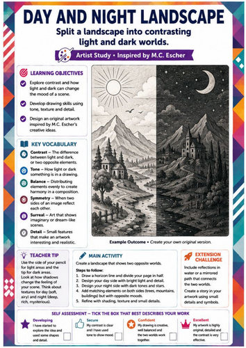 M.C. Escher Inspired Day and Night Landscape Drawing Worksheet | Contrast & Tone | KS3 Art