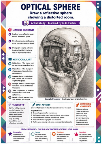 M.C. Escher Inspired Optical Sphere Drawing Worksheet | Reflection & Distorted Perspective | KS3 Art