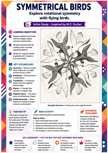 M.C. Escher Inspired Symmetrical Birds Drawing Worksheet | Rotational Symmetry & Pattern | KS3 Art