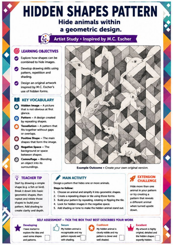 M.C. Escher Inspired Hidden Shapes Pattern Worksheet | Geometric Optical Illusion Art | KS3