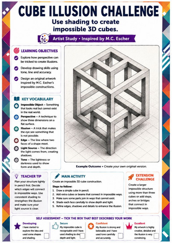 M.C. Escher Inspired Cube Illusion Drawing Worksheet | Impossible 3D Shapes & Shading | KS3 Art