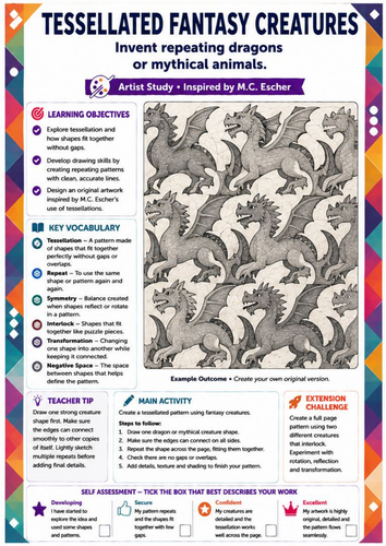 M.C. Escher Inspired Fantasy Creature Tessellation Worksheet | Dragon Patterns & Design | KS3 Art