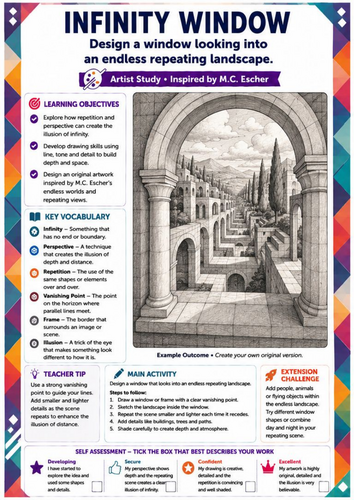 M.C. Escher Inspired Infinity Window Drawing Worksheet | Endless Perspective Landscape | KS3 Art