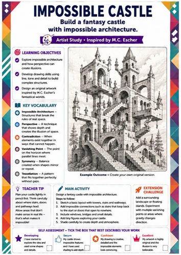 M.C. Escher Inspired Impossible Castle Drawing Worksheet | Fantasy Architecture & Perspective | KS3