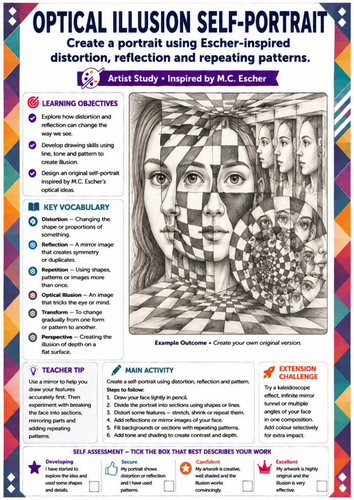 M.C. Escher Inspired Optical Illusion Self-Portrait Worksheet | Distortion & Reflection | KS3 Art