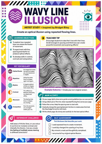 Bridget Riley Inspired Wavy Line Illusion Worksheet | Op Art | KS3 Art