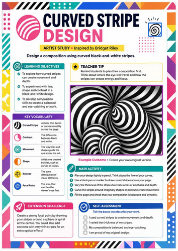 Bridget Riley Inspired Curved Stripe Design Worksheet | Optical Illusions | KS3 Art