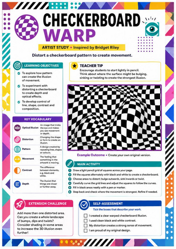 Bridget Riley Inspired Checkerboard Warp Worksheet | Op Art Drawing | KS3 Art