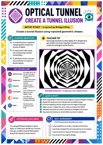 Bridget Riley Inspired Optical Tunnel Worksheet | 3D Illusion Drawing | KS3 Art